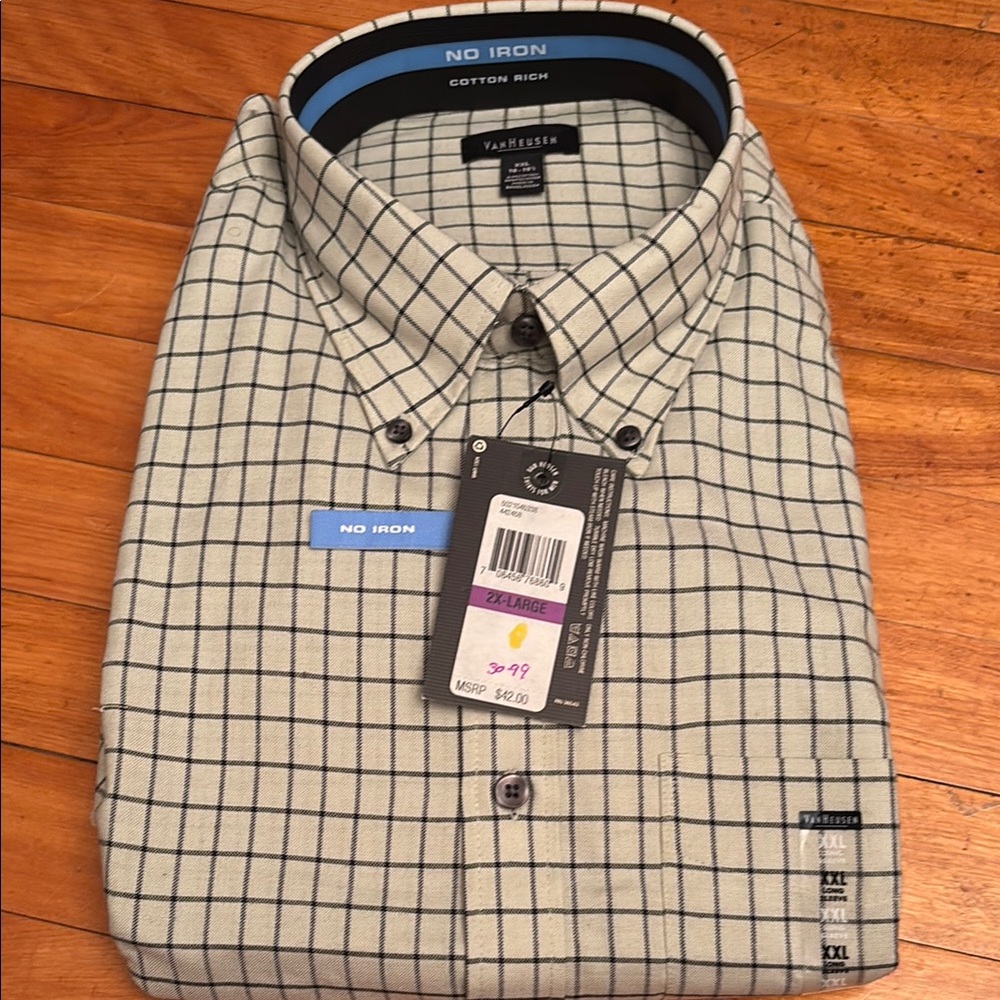 Van Heusen Men's No Iron Checkered Shirt - Blue and Green